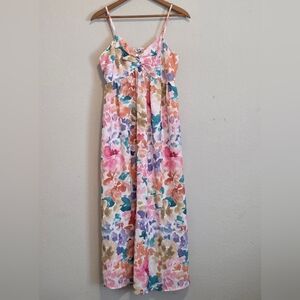 Yours Truly Floral Midi Sundress Linen Blend Smocked Vacation Resort  SZ 14